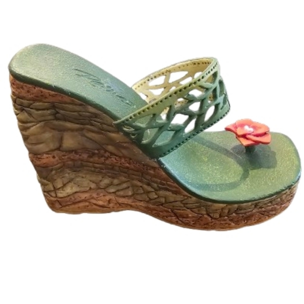 Just The Right Shoe "EARTH" Green  Wedge with Pink Floral Accent. (2002 Raine)